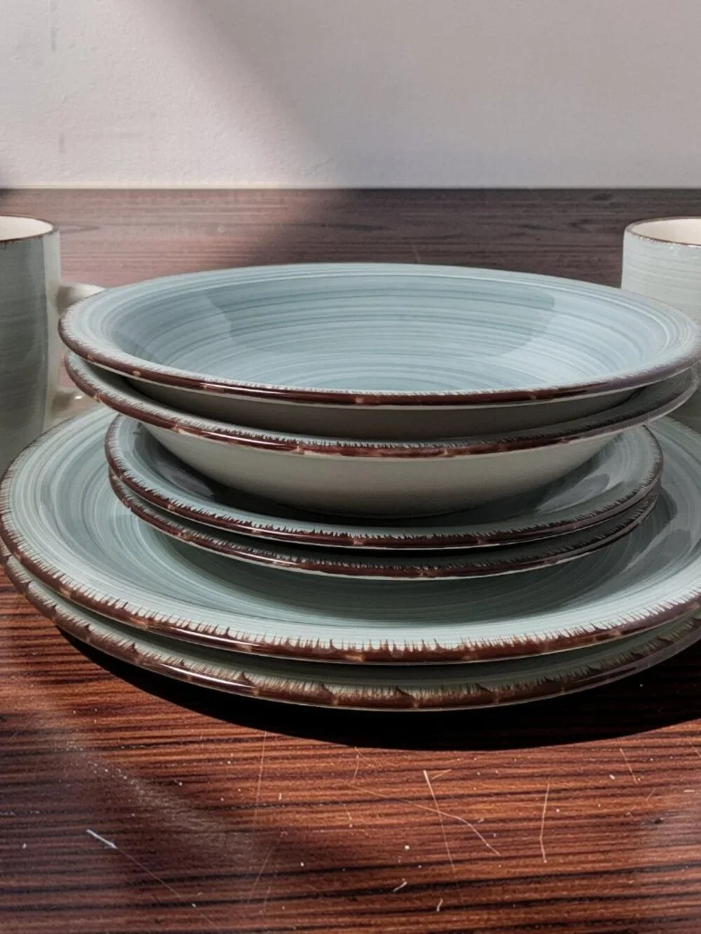 Vintage Royal Norfolk 1980s aqua swirl pattern Brown Edges 4pc. setting ceramic